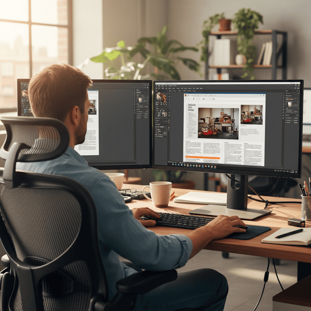 Foto de un hombre sentado en un estudio realizando maquetaciones de diseño gráfico en un ordenador