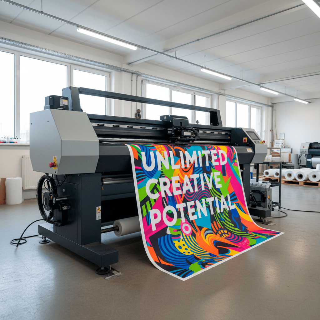 Fotografía de un plotter de impresión con una lona con diseño de colores y el texto "unlimited creative potential"