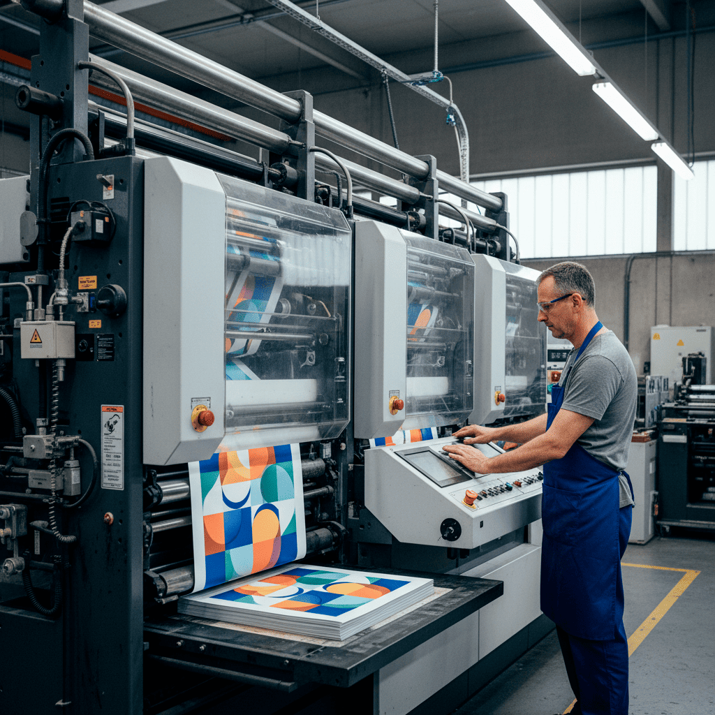 Fotografía de un operario de impresión trabajando en una máquina offset que imprime carteles con formas geométricas de colores