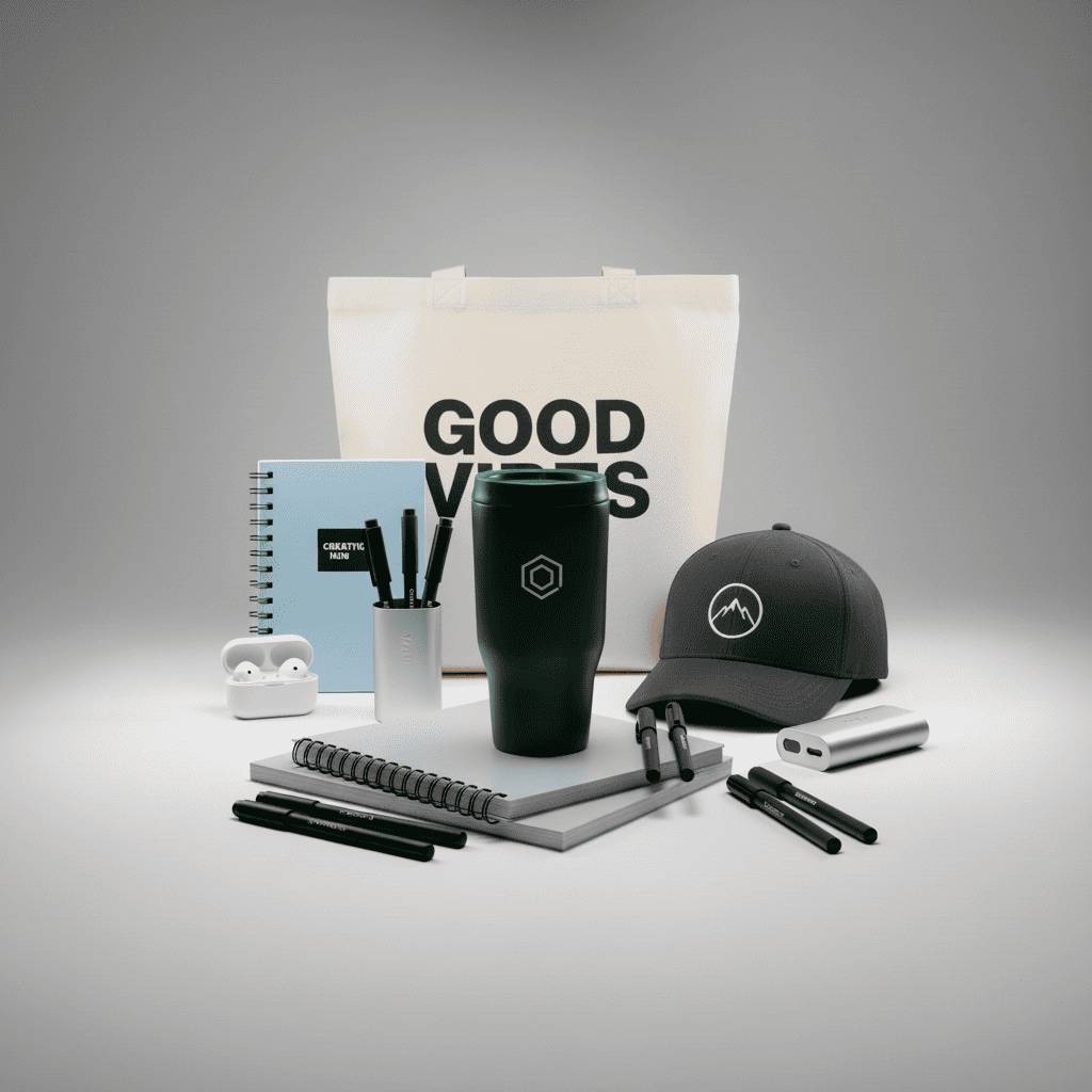 Una fotografía de un bodegón de productos de merchandising, bolsas, bolígrafos, gorras, vasos, libretas, etc.