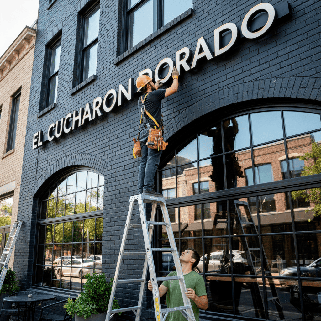 Fotografía de un hombre subido a unas escaleras plegables colocando unas letras en el rótulo de un negocio